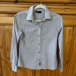 GOLITE Blouse 100% Cotton Gray and White Stripe Fitted Pocket Women's Top Small